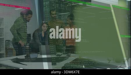 Reviewing team in blazers inspecting laptop code in meeting room with monitor reflection Stock Photo