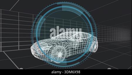 Rotating wireframe car model displaying chassis and wheels in coordinate grid studio, with blue HUD Stock Photo