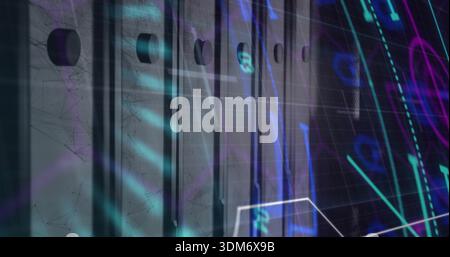 Displaying vertical server rack panels with vent holes in data center, with neon overlays Stock Photo