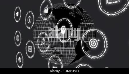 Displaying central wireframe globe rotating in virtual HUD interface, with floating icons Stock Photo