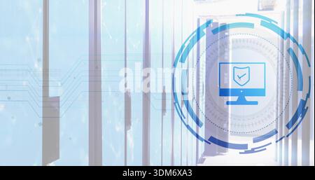 Displaying blue security HUD overlay hovering over right server aisle, racks and LEDs, copy space Stock Photo