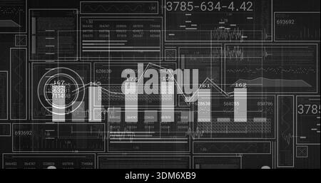 Displaying data visualization showing faint bar charts with overlaid line graph on HUD, with gauge Stock Photo