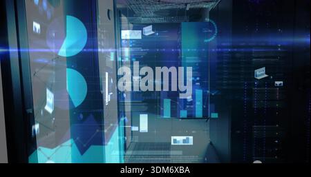 Displaying server rack projecting floating data graphs in data center corridor, with LED indicators Stock Photo