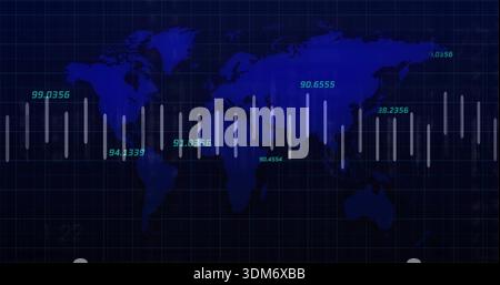 Displaying stylized global map showing translucent data bars on data dashboard, turquoise labels Stock Photo