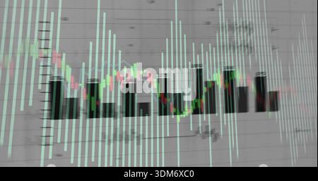 Displaying financial chart on grey grid, showing black bars or cyan vol or green-red candles or blue Stock Photo
