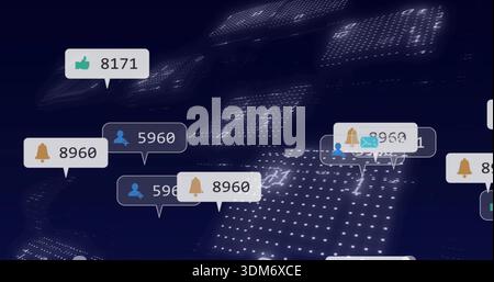 Floating notification callouts hovering above navy LED grid, with likes bell user mail counts Stock Photo