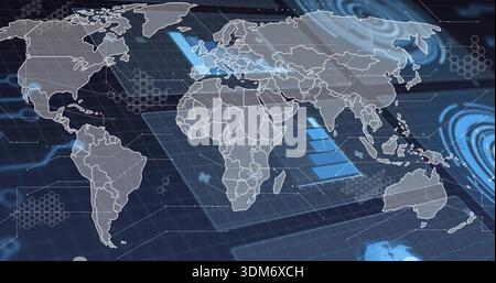 Displaying stylized world map showing continent borders on interface, with hex clusters and grid Stock Photo