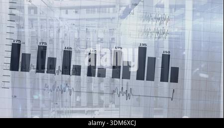 Displaying faint analytics overlay with bar chart numeric labels waveform over data center racks Stock Photo