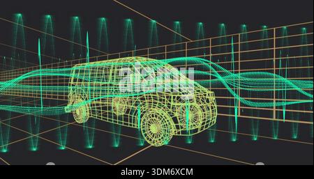 Rendering neon wireframe SUV floating in simulation space, showing teal flows and orange grid Stock Photo