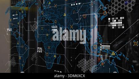 Displaying translucent global network map across glass panel in server room, showing nodes and LEDs Stock Photo