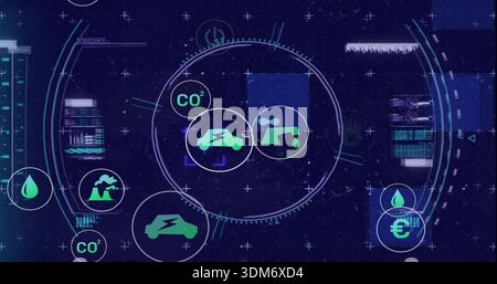 Displaying central HUD pulsing on blue dashboard, with electric-car icon, faucet drop, CO2 nodes Stock Photo