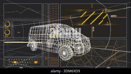 Displaying wireframe 3D van model rotating in telemetry dashboard, with line chart and gauges Stock Photo