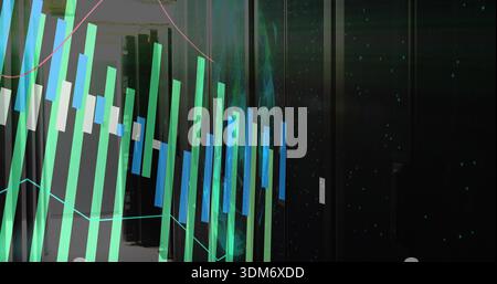 Displaying translucent bar chart and line graphs across left data center aisle with server cabinets Stock Photo