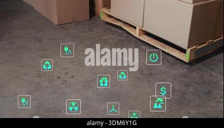 Displaying pallet with cardboard boxes on concrete warehouse floor, showing green icons, copy space Stock Photo