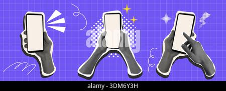 Phone in hand cutout halftone collage elements. Pop art set retro phone with empty screen sticker. Social media poster. App cover mockup. Smartphone blank display. Vector illustration Stock Vector