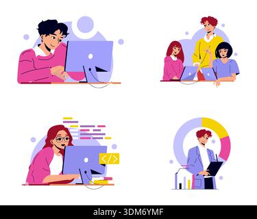 Vector illustration showing diverse professionals collaborating in an office setting. Includes individuals coding on computers and discussing teamwork, emphasizing modern work culture and technology. Stock Vector