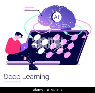 Vector illustration featuring a person using a laptop, engaging with a neural network diagram and AI brain. Highlights the concept of deep learning and artificial intelligence technology. Stock Vector