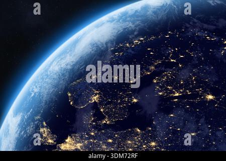 Earth planet in space. Europe from space. Night on planet with cities lights. Northern, Eastern, Western Europe. This image elements furnished by NASA Stock Photo