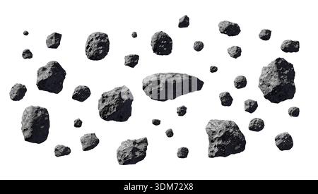 Asteroid belt or stones or meteorites isolated on white. Swarm of asteroids or space debris. Stones, rocks floating in the air isolated on white. Stock Photo