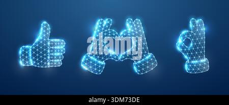 Three glowing hand gestures in wireframe mesh: thumbs up, heart sign, and OK sign. Blue digital polygonal neon design Stock Vector