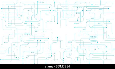 Blue circuit board on white background. Thin line wires and dots.  Stock Vector