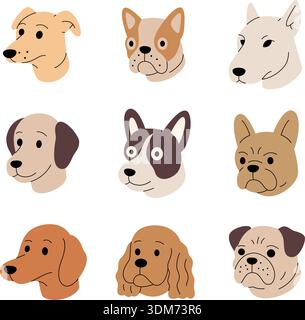 Cartoon dog heads set. Line art puppy faces collection with different breeds for icons Stock Vector