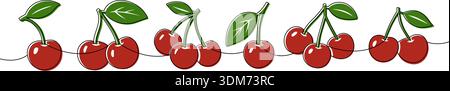 Seamless cherry pattern with red fruits and green leaves. Cherries on branch for kitchen decor, packaging, posters and food projects Stock Vector