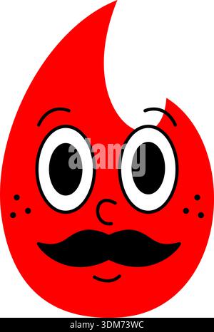 Red flame character with big eyes and black mustache. Cute cartoon fire face in comic , perfect for mascots and stickers. Stock Vector