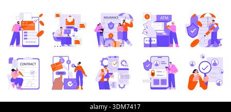 Vector illustration set depicting financial themes including online transactions, insurance, contracts, and ATM interactions. Multiple scenes feature people actively engaging with technology. Stock Vector