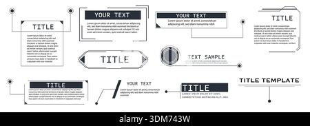 Title text box, callout frame set. Hud line border. Titles banner, futuristic callouts template. pop-up or description boxes, speech bubbles. Vector illustration Stock Vector