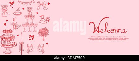 Whimsical wedding party horizontal background banner or card with hand drawn doodles. Line girly elements bridal cake candle, champagne glasses doves sketch. Romantic vintage mood playful elegant art Stock Vector