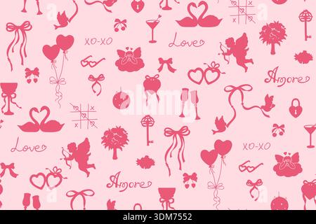 Whimsical Valentine seamless pattern hand drawn coquette silhouette style. Girly elements Cupid, hearts, bows, ribbons, cake cocktails, cherries. Romantic vintage love playful elegant endless print Stock Vector