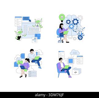 Vector illustration depicting people collaborating with AI in coding and cloud computing. Features interactions with digital interfaces and technology for innovative solutions. Stock Vector