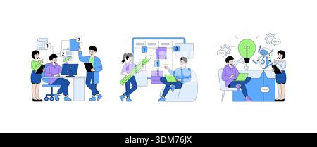 Vector illustration depicting a group collaborating on project management tasks. Team members engage with digital tools, brainstorm innovative ideas, and organize workflows efficiently. Stock Vector