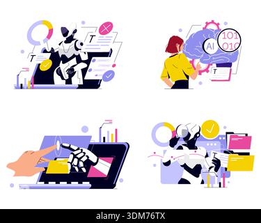 Set of vector illustrations depicting AI technology and human interaction, showcasing robots analyzing data, AI brain processing, and collaboration with human touch, emphasizing futuristic concepts. Stock Vector