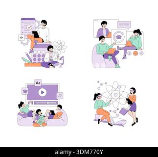 Vector illustration showcasing diverse online learning scenes with family interaction. Displays people engaging with technology, studying materials, and using virtual reality for education. Stock Vector