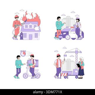 Vector illustration set showcasing various professional roles and actions, including firefighting, law enforcement, delivery service, and construction work. Features action-oriented scenes highlighting teamwork and daily duties of different occupations. Stock Vector