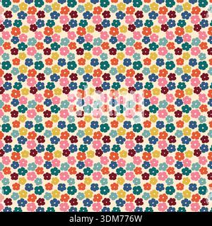 Colorful Seamless Floral Pattern with Stylized Five-Petal Flowers on Cream Background Stock Vector
