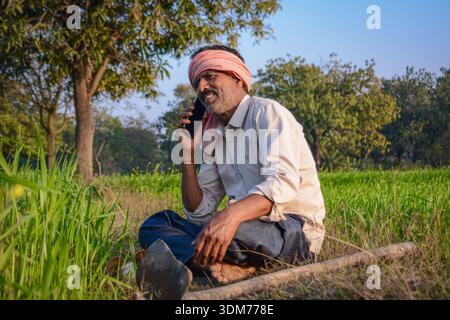 Indian farmer talking on mobile phone in green field. Digital connectivity in rural farming life Stock Photo