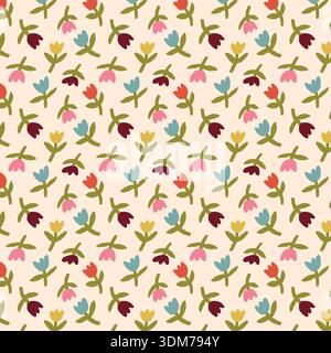 Seamless Floral Pattern with Colorful Tulip-Like Flowers on Light Beige Background Stock Vector