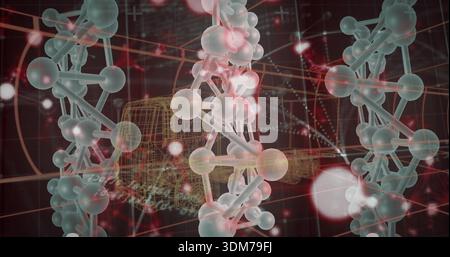 Displaying central double-helix rotating in 3D grid, with wireframe truck and glowing nodes Stock Photo