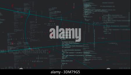 Displaying central code column highlighting C++ syntax on dark terminal, with teal wireframe arcs Stock Photo