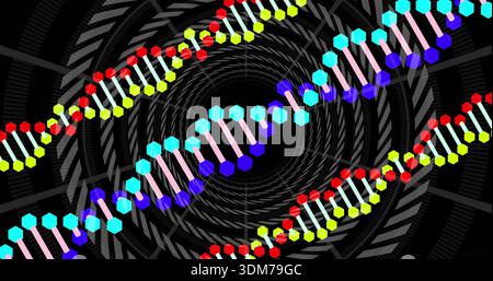 Showing three double-helix strands running diagonally through tunnel, with hexagonal nodes Stock Photo