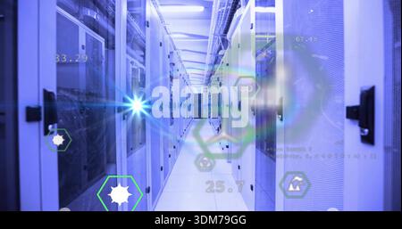 Leading central aisle showing server racks receding into data center, with holographic UI Stock Photo