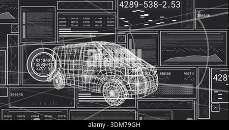 Displaying 3D wireframe car model rotating in engineering UI, with HUD and data panels Stock Photo