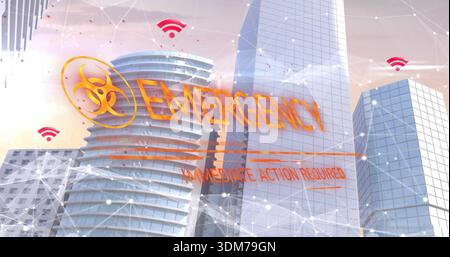 Displaying emergency graphic over downtown skyscrapers, showing biohazard, network mesh, WiFi icons Stock Photo