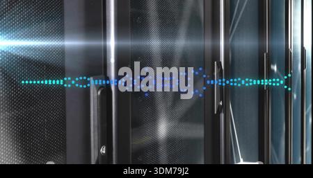 Glowing centered row server racks displaying perforated doors in data center, with blue teal LEDs Stock Photo