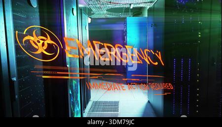 Displaying translucent warning panel glowing over server racks in data center, with biohazard decal Stock Photo