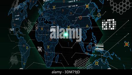 Displaying stylized world map showing green node, white matrix blocks and hex panel on dashboard Stock Photo