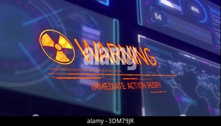 Displaying radioactive trefoil and WARNING text on command-center HUD, showing holographic panels Stock Photo